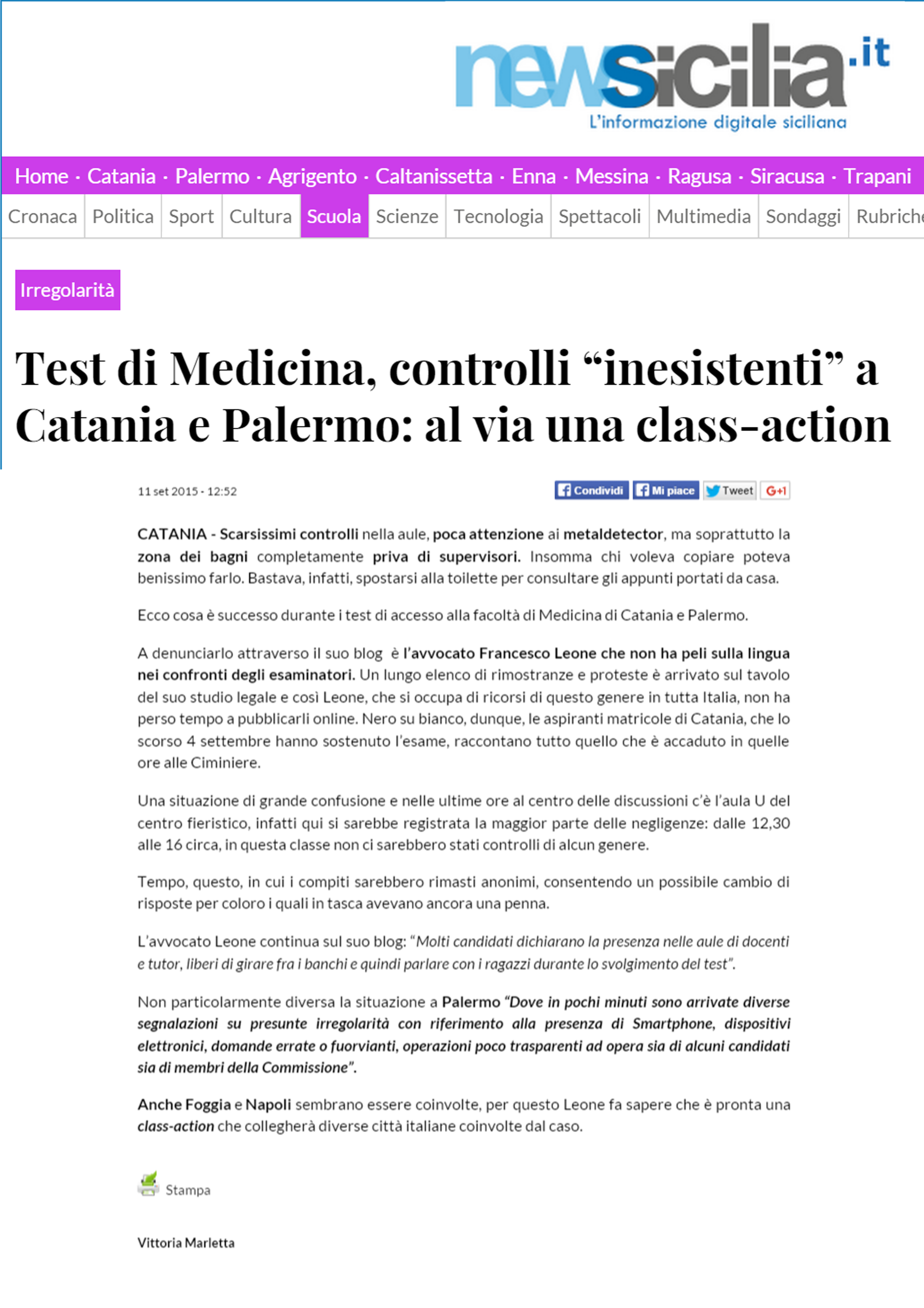 Test di Medicina controlli inesistenti a Catania e Palermo al via una class action