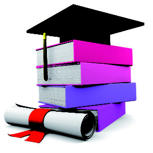 Graduation cup with colorful books and diploma