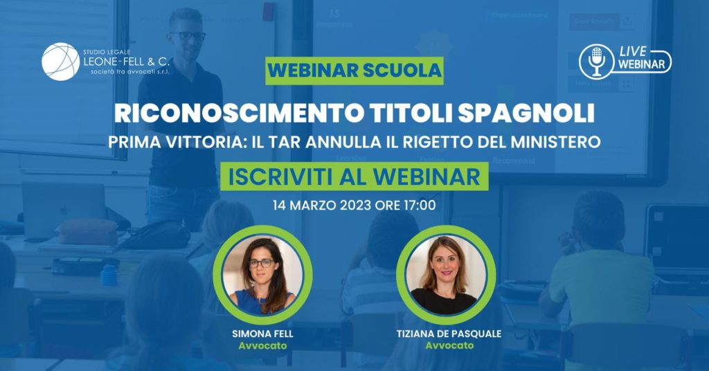 Immagine del webinar, Riconoscimento titoli spagnoli, prima vittoria il Tar annulla il rigetto del Ministero