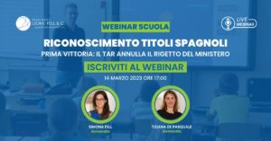 Immagine del webinar, Riconoscimento titoli spagnoli, prima vittoria il Tar annulla il rigetto del Ministero