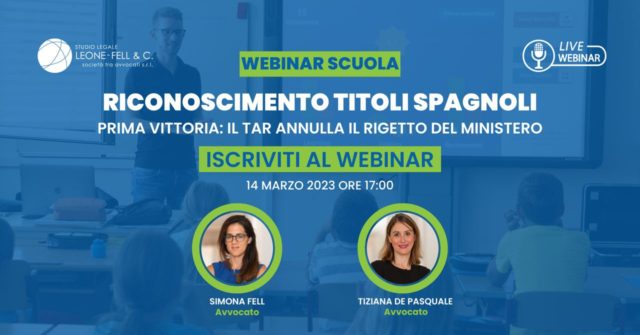 Immagine del webinar, Riconoscimento titoli spagnoli, prima vittoria il Tar annulla il rigetto del Ministero